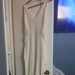 Ivory Knit V‑Neck Fringe Side Maxi Dress